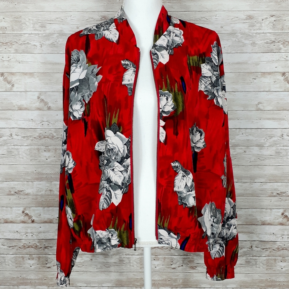 Vintage Zip Up Jacket Red Roses L 306